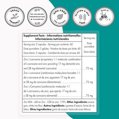 Supersmart Zinc LCarnosine 75 mg Per Day Gut Health Anti Inflammatory Supplement Help Reduce Acid Reflux NonGMO Gluten Free 120 Vegetarian Capsules