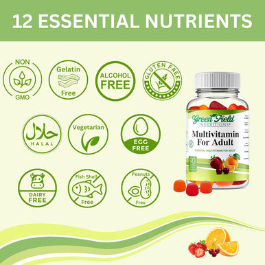 Greenfield Nutritions Halal Multivitamins For Adults 90 Halal Vitamins For Women & Men All Essential Gelatin Halal Gummy Vitamin, Mineral, Folic Acid, Biotin, Gluten Free, Non-Gmo, Vegetarian