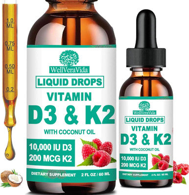 WellVeraVida D3 K2 Vitamin 10000Iu, Liquid Drop Vitamin D3 With K2 (Mk-7)200Mcg Coconut Oil, 6X Stronger Than D3 K2 Sofegels, Magnesium Zinc For Absorption -K2 D3 Vitamin Supplement For Joint Teeth & Bone Health