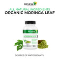 Renew Actives Organic Moringa Leaf Supplement: 800Mg Daily Serving - High Potency Moringa Capsules - Green Superfood & Antioxidant Support Against Free Radical Damage- 120 Vegan Capsules