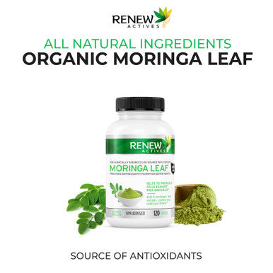 Renew Actives Organic Moringa Leaf Supplement: 800Mg Daily Serving - High Potency Moringa Capsules - Green Superfood & Antioxidant Support Against Free Radical Damage- 120 Vegan Capsules