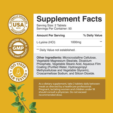 L Lysine 1000Mg Form - High Strength L-Lysine Supplement For Eye Health Lip Care Collagen Synthesis And Immune Support - Essential Amino Acid Vegan Non-Gmo 1000Mg Per Serving - 100 Tablets