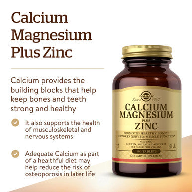Solgar Calcium Magnesium Plus Zinc 100 Tablets - Promotes Healthy Bones And Teeth - Supports Nerve & Muscle Function - Non Gmo Vegan Gluten Free Dairy Free Kosher Halal - 33 Servings
