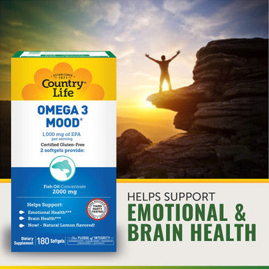 Country Life Omega 3 Mood 2000Mg Fish Oil With Epa & Dha 180 Softgels Certified Gluten Free