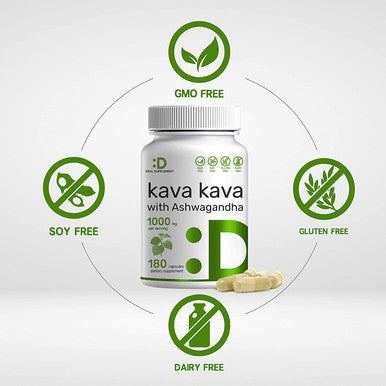 Kava Kava with Ashwagandha, 1000mg Per Serv, 180 Capsules | 5% Active Kavalactones | Ashwagandha Root + Piper Methysticum Extract (Root), 3 Months Supply, Support Relaxation & Positive Mood