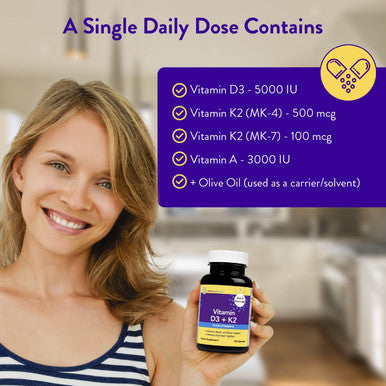 InnovixLabs ADK Vitamin Supplement Vitamin D3 K2 5000 IU Low Dose Vitamin A for Absorption Contains Both Vitamin K2 MK7 MK4 Supports Immune System Heart Bones 60 Capsules