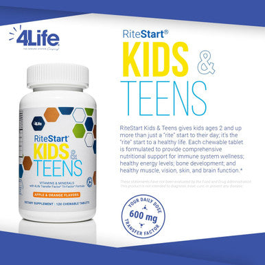 4Life RiteStart Kids & Teens - Apple and Orange Flavors - 22 Essential Vitamins and Minerals - Ages 2 and Up - Immune System Support Transfer Factor - Brain Support - 120 Chewable Tablets