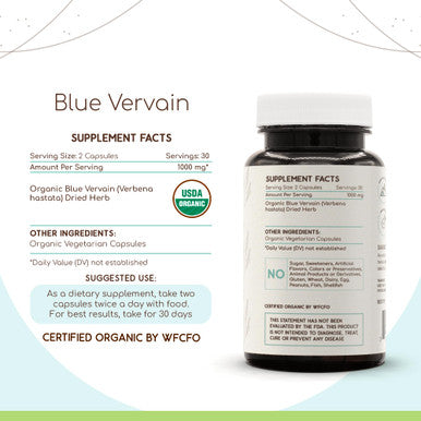 Blue Vervain Usda Organic 60 Capsules | Natural Herbal Supplement | Certified Organic Vegetarian Capsules And Organic Blue Vervai