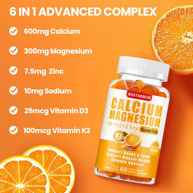 Calcium Magnesium Zinc Gummies For Adult: With Vitamin D3 K2 For Women Men Organic Sugar Vegan Chewable Gummy - High Absorption For Immune Strength(60 Count)