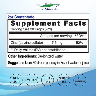 Eidon Ionic Minerals Liquid Zinc Concentrate Ionic Zinc Drops Boost Immune System Mood Relieves Stress AllNatural Vegan Gluten No Preservatives or Additive 2 Ounce Bottle