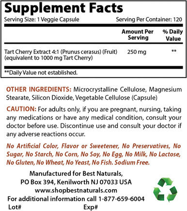 Best Naturals Tart Cherry Extract 1000 mg (Non-GMO) Veggie Capsules - Promotes Healthy Uric Acid levels within normal range Healthy Joint Function & Promotes Healthy Sleep Cycle 120 Count