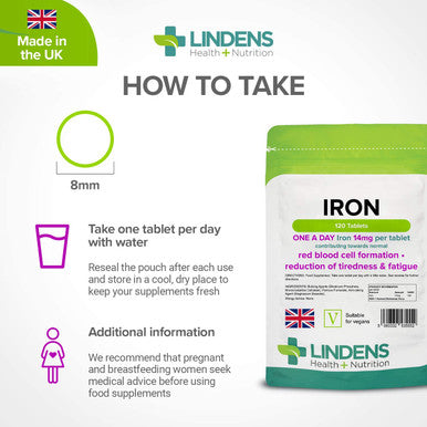 Lindens Iron 14mg - 120 Vegan Tablets - Reduce Tiredness, Increase Energy | Creates Healthy Red Blood Cells | Normal Oxygen Transportation | (4 Months Supply) | UK Manufacturer, Letterbox Friendly