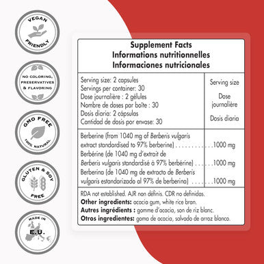 Supersmart Berberine 1000 Mg Per Day Berberis Vulgaris Extract Standardized to 97 Berberine Anti Inflammatory Antioxidant Supplement NonGMO Gluten Free 60 Vegetarian Capsules