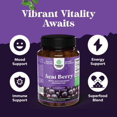 Natures Craft Acai Berry Antioxidant Support Weight Loss Supplement for Women and Men - Vitamins Minerals Antioxidant Formula Supports Immune System and Boost Energy Cognitive Health - 60 Servings