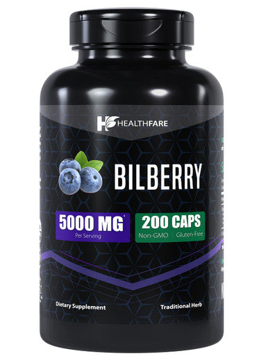 Healthfare Bilberry Extract Capsules 5000Mg | 200 Count | Supports Eye Health | Ultra Strength Supplement | Gluten-Free & Non-Gmo