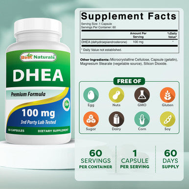 Best Naturals DHEA 100mg Supplement 60 Capsules - Supports Balanced Hormone Levels for Men & Women - Promotes Healthy Aging - USA Manufactured