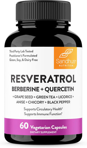 Trans-Resveratrol With Berberine 200Mg, Green Tea 30Mg, Grape Seed Extract 150Mg And Quercetin 150Mg, Supports Gut, Digestive & Immune Health For Women And Men, 60 Capsules