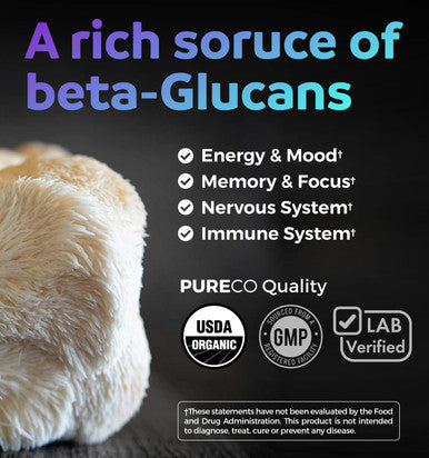 PURE CO Organic Lions Mane Supplement Capsules USDA Organic Mushroom Supplement Capsules with 1000mg Lion's Mane 10:1 Extract per Serving with 30% Polysaccharides Vegan and Non GMO 1 Month Supply