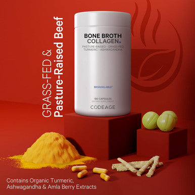 Codeage Organic Bone Broth Collagen Peptides Capsules Supplement Grass Fed Beef Bone Broth -Range Chicken Bone Broth Turmeric & Ashwagandha - Collagen Types I II III - Non-GMO - 180 Capsules