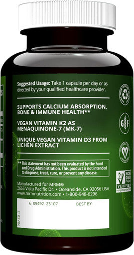 Mrm Nuturition Vegan Vitamin D3 & K2 Bone + Immune Health Made From Lichens Supports Calcium Absorption Vegan + Vegetarian Friendly 60 Servings