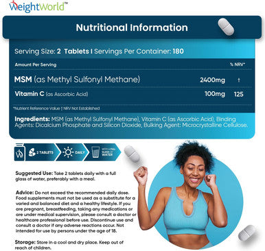 Weightworld MSM Supplements - 2400mg High Strength Methylsulfonylmethane (MSM) with Vitamin C for Bones - 360 Vegan Tablets (not MSM Capsules) - 6 Months Supply - Non-GMO & Gluten- Sulphur Tablets