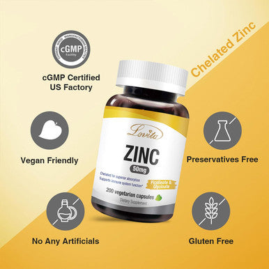 Lovita Zinc 50Mg Potent Highly-Absorbed Chelated Zinc Supplements, Picolinate & Bisglycinate Vegan, Gluten Free, Non-Gmo For Immune, Antioxidant Support & Healthy Skin 200 Capsules (Pack Of 3)