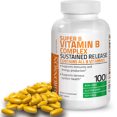 Bronson Super B Vitamin B Complex Sustained Slow Release (Vitamin B1, B2, B3, B6, B9 - Folic , B12) Contains All B Vitamins 100 Tablets
