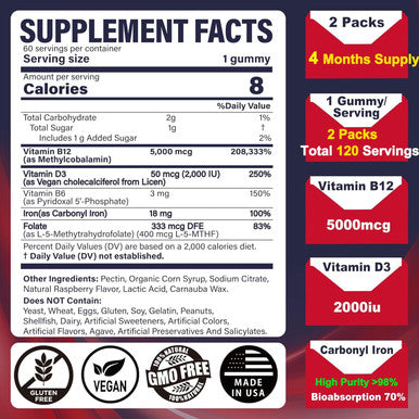Iron Gummies 18Mg+Vitamin B12 5000 Mcg For Adults Kids - 4 Months Supply - 98% Purity Carbonyl Iron Supplement For Women Men, W/Folate,D3,B6 For Iron Deficiency&Anemia, Red Blood Cell Formation,Energy