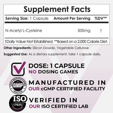 NAcetyl LCysteine Capsules 500mg NAC 60 Count Supports Healthy Liver Function Cellular Health Glutathione Levels Healthy Oxidation Levels Nootropics Depot