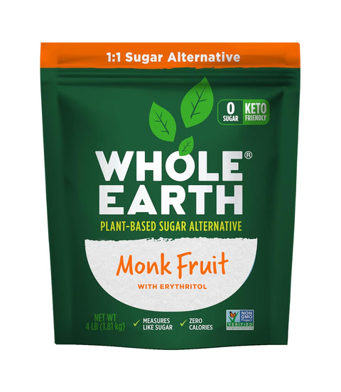 WHOLE EARTH Monk Fruit Sweetener with Erythritol, Plant-Based Sugar Alternative, 12 Ounce Pouch