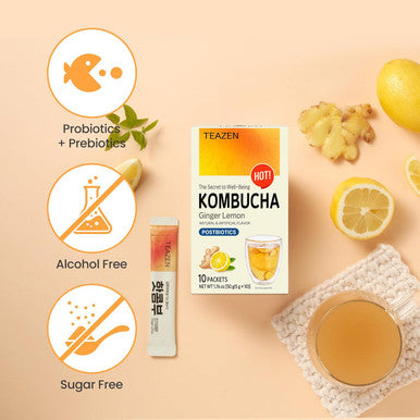 Teazen Hot Kombucha Ginger Lemon Flavor Variety Pack Ginger Lemon Drink Mix 10 Sticks & 30 Sticks (40 Sticks)