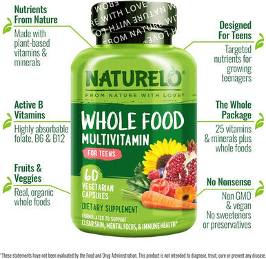 Naturelo Whole Food Multivitamin For Teens - Vitamins And Minerals For Teenage Boys And Girls - Supplement For Active Kids - With Organic Whole Foods - Non-Gmo - Vegan & Vegetarian - 60 Capsules