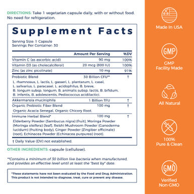 NewRhythm Probiotics for Immune Support Akkermansia Probiotic Supplement for Women & Men 30 Billion CFU 16 Strains Plus Zinc Vitamin C & D3 Elderberry & Echinacea Non-GMO 30 Capsules