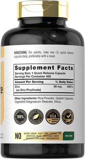 Zinc Picolinate 50mg | 400 Capsules | Value Size | Non-GMO and Gluten Free Supplement | by Carlyle