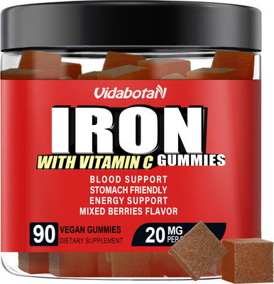 Sugar Iron Gummies For Women Men & Kids-Iron Supplement 20Mg With Vitamin C For Iron Deficiency, No Rust Taste, Gentle Iron For Stomach, Mixed Berries Flavor, 90 Vegan Gummies.