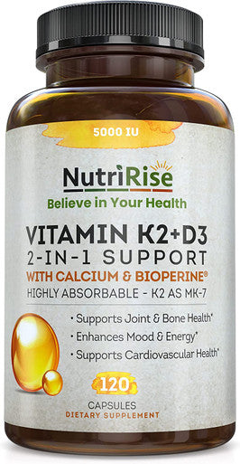 Vitamin K2 D3 Supplement with Calcium 5000 IU GlutenFree Immune Energy Support Vegetarian Capsules to Support Joint Comfort Maximum Potency Absorption with BioPerine