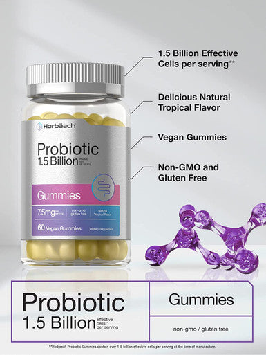 Probiotic Gummies | 60 Count | 1.5 Billion Effective Cells | Vegan, Non-GMO, and Gluten Free Supplement for Women and Men | Natural Tropical Flavor | by Horbaach