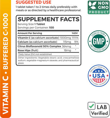 Buffered Vitamin C 1000mg Tablets NonGMO Immune Support Supplement with VIT C Citrus Bioflavonoids Calcium Ascorbate and Rose Hips Immune System Booster 100 Tablets No Pills or Gummies