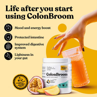 Colonbroom Psyllium Husk Powder With Stevia (Tropical Fruits) - Colon Cleanse For Bloating Relief & Gut Health - Colon Broom Fiber Powder Drink - Vegan Fiber Powder Stevia Supplement, 60 Servings