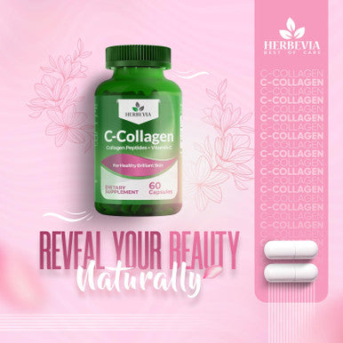 Herbevia C-Collagen Hydrolyzed Collagen Capsule & Vitamin C Glowing Skin Healthy Hair Nails & Joints | Anti-Aging Supplement for Adults Halal Certified GMO-Free 60 Capsules