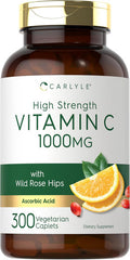 Carlyle Vitamin C 1000mg | 300 Vegetarian Caplets | Ascorbic Acid with Wild Rose HIPS | High Strength Formula | Non-GMO and Gluten Supplement