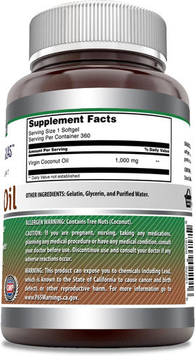 Amazing Nutrition Formulas Extra Virgin Coconut Oil 1000mg 360 Softgels Supplement | Non-GMO | Gluten