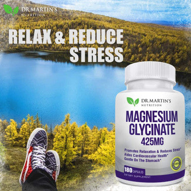 Premium Magnesium Glycinate 425mg - 180 Vegan Capsules - Helps with Stress Relief, Sleep, Muscle Cramps & Healthy Heart |