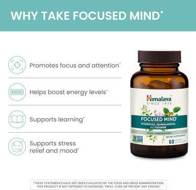 Himalaya Focused Mind With Ashwagandha, Bacopa & L-Theanine For Focus, Energy And Attention, 60 Capsules, 1 Month Supply, Vegan, Gluten Free