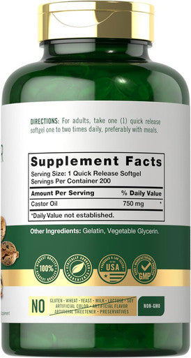 Carlyle Castor Oil 750mg | 200 Softgels | Traditional Herb | Non-GMO Gluten Supplement