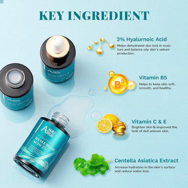 Anai Rui Hyaluronic Acid Serum For Skin 2% With Vitamin B5, C& E - Intense Hydration + Moisturizer, Plumps & Increase Firmness, Non-Greasy, Paraben-- 1. Fl Oz