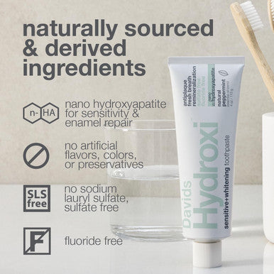 Davids Hydroxi Fluoride Free Nano Hydroxyapatite Toothpaste for Remineralizing Enamel & Sensitive Relief Whitening Antiplaque SLS Free Natural Peppermint 4 oz Made in USA