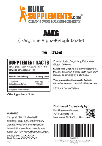 Bulksupplements.Com Aakg Powder - Arginine Alpha-Ketoglutarate, Akg Supplement - Nitric Oxide Supplement, Arginine Supplement - Unflavored & Gluten Free, 2500Mg Per Serving, 1Kg (2.2 Lbs)