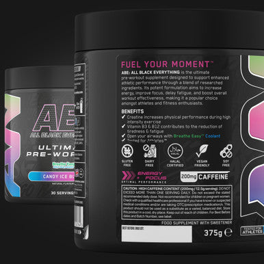 Applied Nutrition ABE Pre Workout All Black Everything Pre Workout Powder Energy and Physical Performance with Citrulline Creatine Beta Alanine (375g 30 Servings) (Candy Ice Blast)
