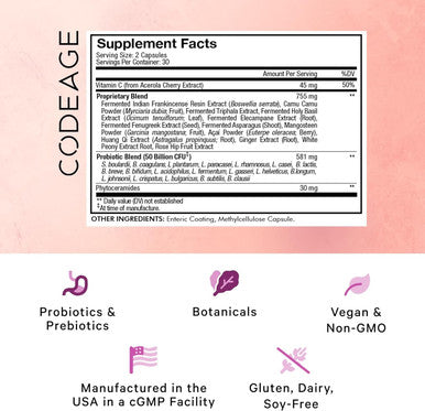 Codeage Skin Probiotics + Prebiotics - Skin Care Routine Supplement - 50 Billion CFU - Ayurvedic Botanical Herbs - Face Probiotics - Shelf Stable Cleanser Non-GMO Vegan - 60 Capsules